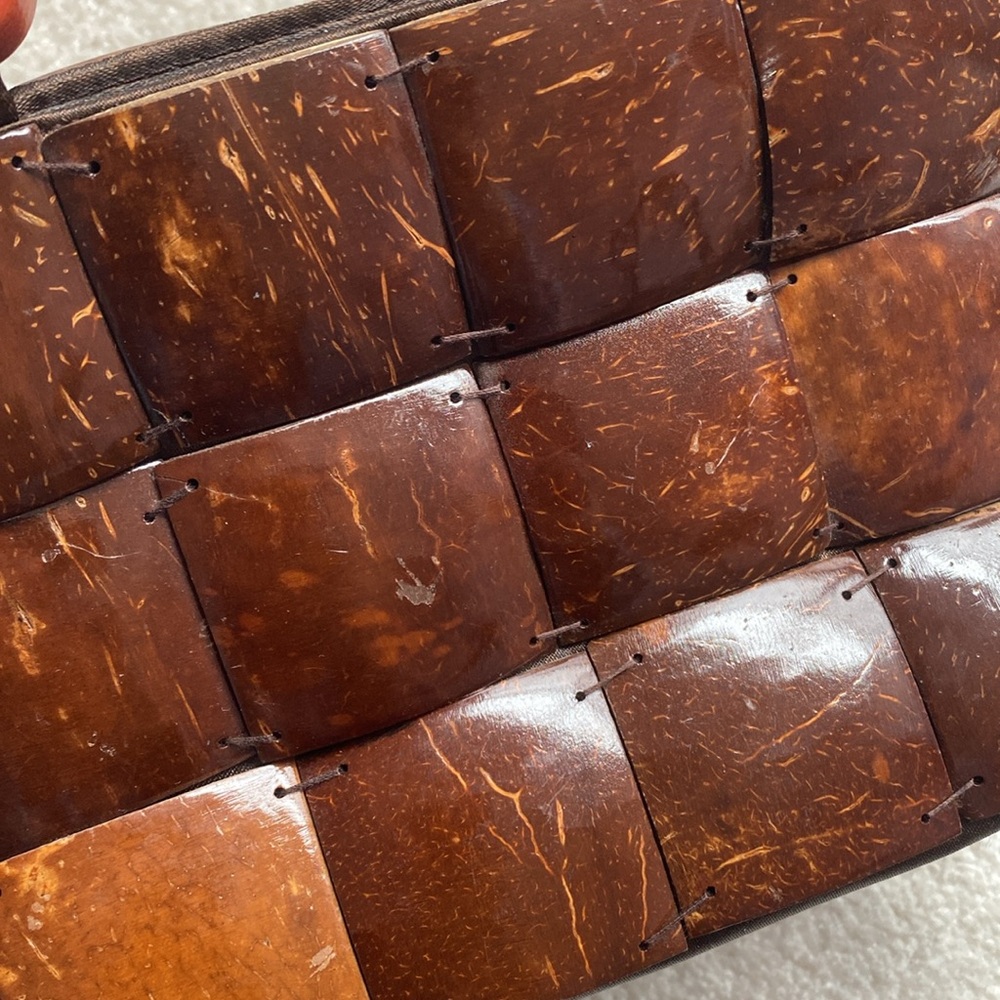 SALE | Handcrafted Coconut Shell Patchwork Handbag Purse Satchel Wooden Handles - Picture 16 of 17